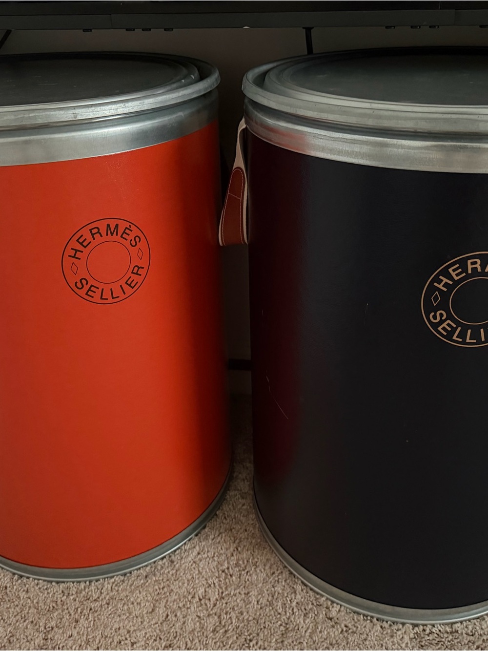 Hermès Sellerie Round Storage Drum — Orange & Blue + small brown